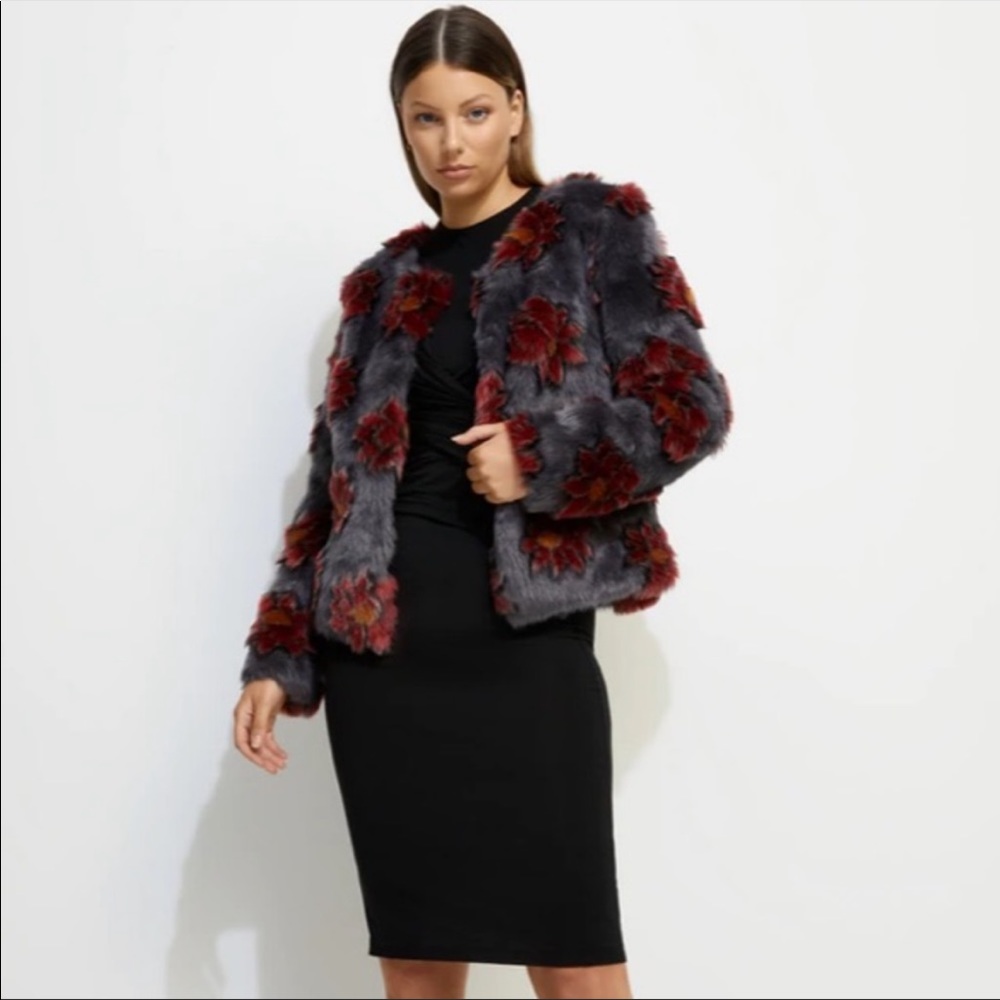 Unreal Fur Moon Flower Boho Gray 3D Red Lotus Print Faux Fur Coat - Picture 2 of 6
